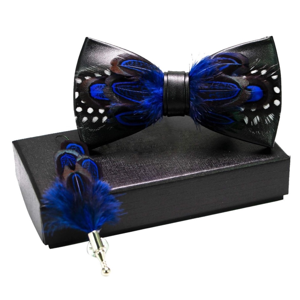 Men’s Handmade Faux Leather and Natural Feather Pre Tied Bow Tie and Lapel Set